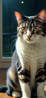 Adorable tabby cat sitting in sunlight by a doorway.