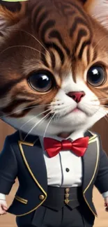 A cute cat in a tuxedo with a red bow tie, perfect for phone wallpaper.