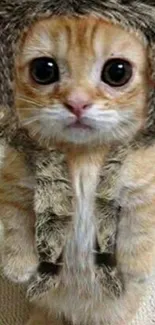 Cute orange kitten wearing a fluffy winter hat.