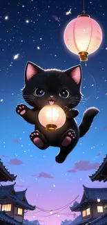 Cute black cat with lantern in starry night sky.