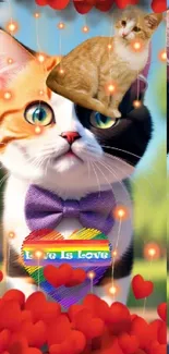 Adorable cat with rainbow heart surrounded by red hearts.