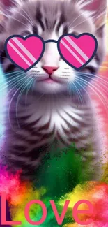 Cute cat with heart glasses and vibrant rainbow colors.