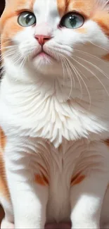 Adorable ginger and white cat sitting calmly with a sweet expression.