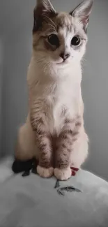 Adorable kitten sitting on a bed with a blurred background.