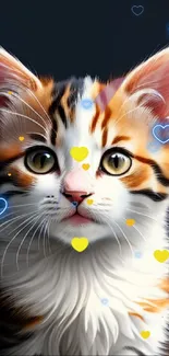 Adorable kitten with hearts mobile wallpaper, perfect for pet lovers.