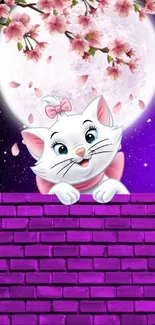 Cute cartoon cat with moonlit purple brick background.