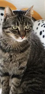 Tabby cat sitting on a polka-dot chair