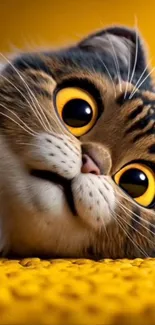 Adorable wide-eyed cat on a yellow backdrop.