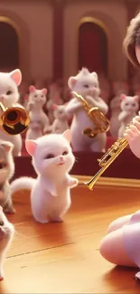 Girl playing flute with kitten orchestra on stage in heartwarming wallpaper.