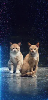 Two cats sitting on a rainy street, creating a cute and peaceful scene.