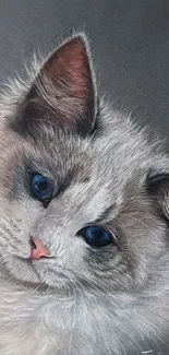 Pastel artwork of a fluffy cat with gray background.