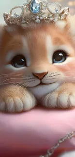 Adorable kitten with a jeweled crown resting on a pillow.
