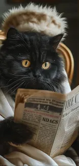 Black cat in robe reading a newspaper on a chair.