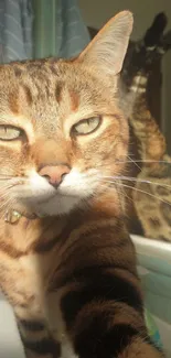 A cute cat taking a selfie in warm lighting.