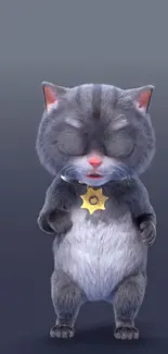 Cute cartoon cat sheriff with badge on grey background.