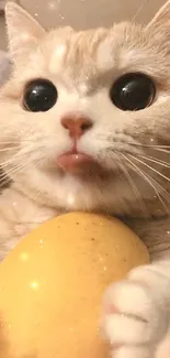 Cute cat holding a lemon with big eyes and soft fur.