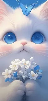 Fluffy white cat with blue butterfly and flowers.