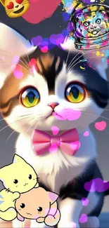 Adorable kitten with colorful emojis and a pink bowtie on a dark background.