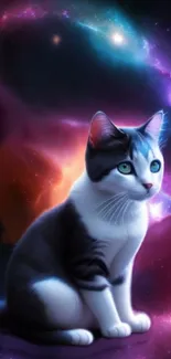 Adorable cat with blue eyes in a colorful galaxy background.