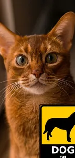 Ginger cat with 'Dog on Board' sign, cute and humorous wallpaper.