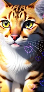 Adorable cat with vibrant heart effects in digital art wallpaper.