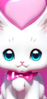 Cute white cat with pink heart hat on vibrant background.