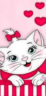 Cartoon cat with pink hearts and bow on pink background.