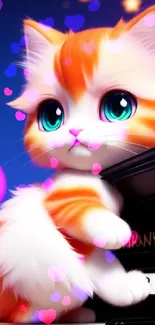 Adorable cartoon cat playing piano with vibrant colors.