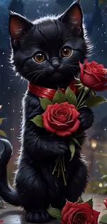 Black kitten holding red roses in a night garden setting.