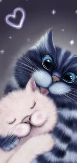 Adorable cartoon cats hugging in a purple-hued wallpaper.