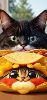 Two adorable cats dressed as tacos in a playful wallpaper.