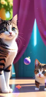 Two adorable cats playing indoors with vibrant colors.