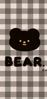 Cute bear design on a checkered background for mobile wallpaper.