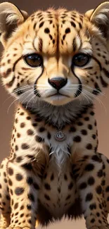 Realistic cheetah cub sitting on a ledge, with soft tan background.