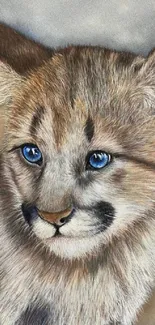 Adorable cheetah cub with blue eyes, perfect as a nature-themed wallpaper.