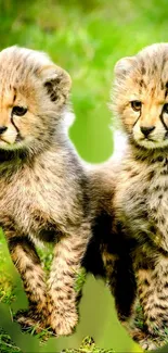 Adorable cheetah cubs in lush green grass.