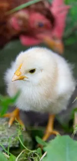 Cute fluffy chick with a hen in garden.