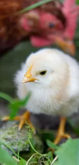 Adorable chick with mother hen in green setting.