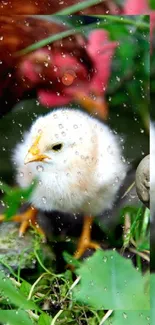 A fluffy chick stands among vibrant green leaves and plants in this nature wallpaper.