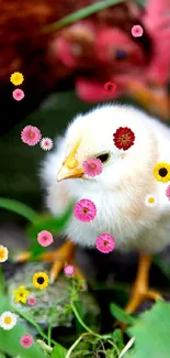 Fluffy chick standing on grass with a blurry hen in the background.