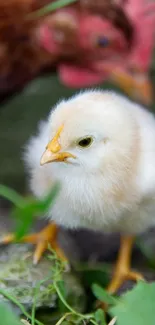 An adorable fluffy chick stands on grass with blurred nature in the background.