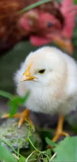 Adorable chick in lush green grass background.