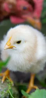 Adorable baby chick with a blurred green and red background, perfect for wallpapers.