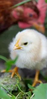 Fluffy chick with hen in lush green surroundings.