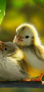 Adorable fluffy chicks with green leaves in soft sunlight.