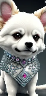 Chihuahua with jeweled outfit on dark background.