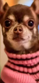 Chihuahua in a pink and brown striped sweater.