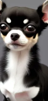 Adorable black and white Chihuahua with big eyes and ears on a mobile wallpaper.