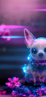 Adorable Chihuahua with neon lights and flowers in vibrant purple hues.