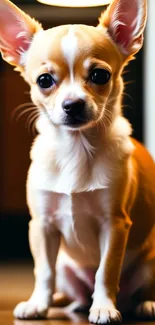 Cute Chihuahua dog sitting indoors with warm lighting, perfect for mobile wallpaper.